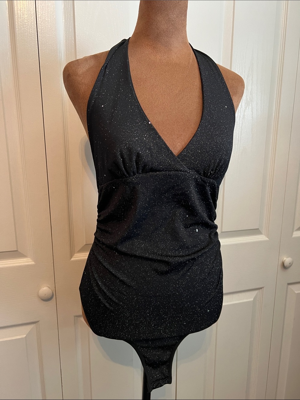 Black Sparkle Glitter halter Bodysuit Top Medium